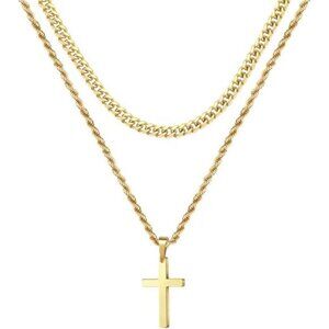 18K Gold Cross Necklaces Cross Chain, Layered Rope Chain Cross Necklace